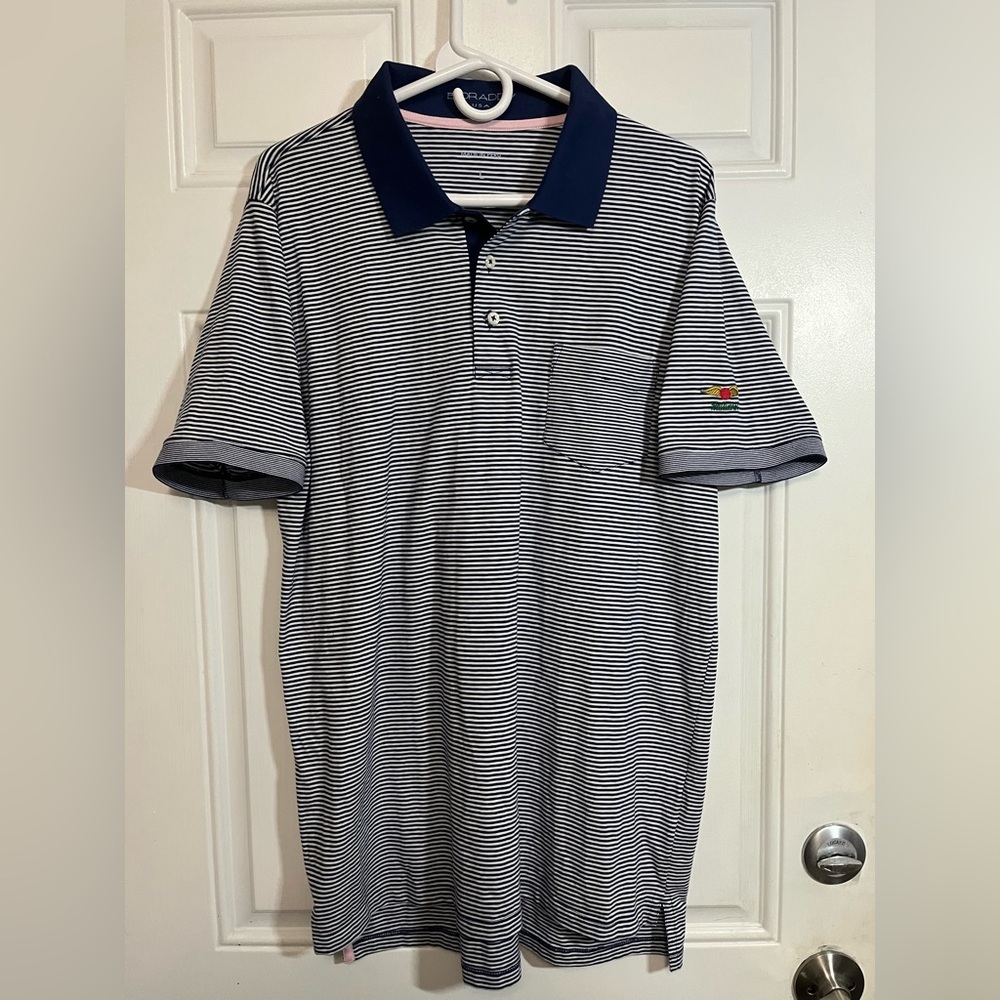 B. Draddy Sport Men’s L Golf Polo Shirt Navy White Stripe Balsturol Country Club